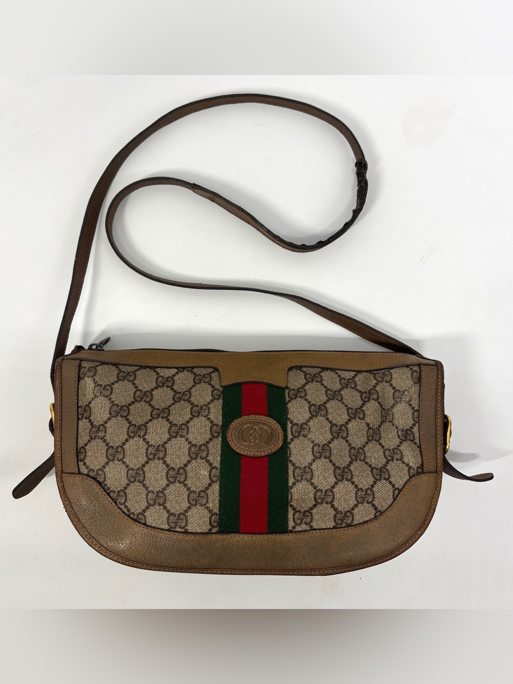 GUCCI Vintage Brown Double GG PVC Canvas and Leather Crossbody Bag